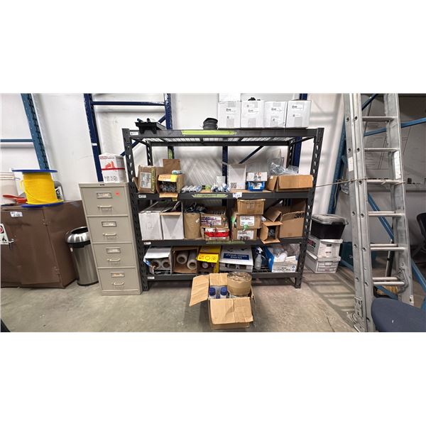 6'X2' STORAGE RACK WITH CONTENTS. SEALANT, DOWSIL, VAPOUR SEAL-APPROX 15 ROLLS (LIKE BLUESKIN),