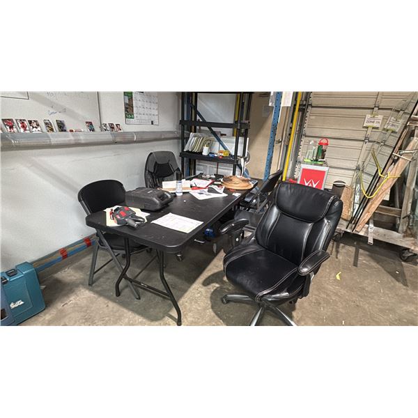 BLACK FOLDING TABLE WITH 5 CHAIRS, AND BLACK PLASTIC SHELF UNIT. NO CONTENTS