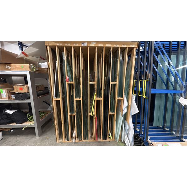 WOOD STORAGE RACK WITH CONTENTS OF GLASS. SOME SAFETY GLASS, SOME WIRED, VARIOUS SIZES