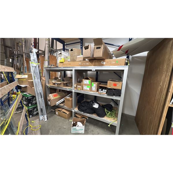 CUSTOM ALUMINUM SHELVES WITH CONTENTS. AUTO DOOR CLOSURES, SILICONE SEALANT, SAFETY HARNESSES AND