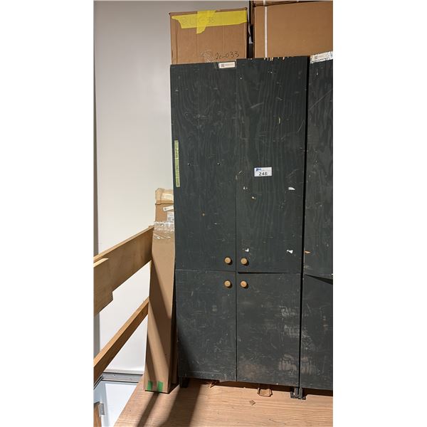32" WIDE WOOD STORAGE CABINET WITH CONTENTS. DOOR FRAME COMPONENTS, SCREEN CLIPS, HINGE COMPONENTS,