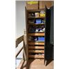 Image 2 : 32" WIDE WOOD STORAGE CABINET WITH CONTENTS. DOOR FRAME COMPONENTS, SCREEN CLIPS, HINGE COMPONENTS,