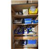 Image 3 : 32" WIDE WOOD STORAGE CABINET WITH CONTENTS. DOOR FRAME COMPONENTS, SCREEN CLIPS, HINGE COMPONENTS,