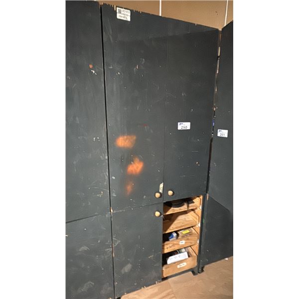 32" WIDE WOOD STORAGE CABINET WITH CONTENTS. INC KEY SWITCHES, DOOR CONTROLS, HANDICAP SWITCHES,