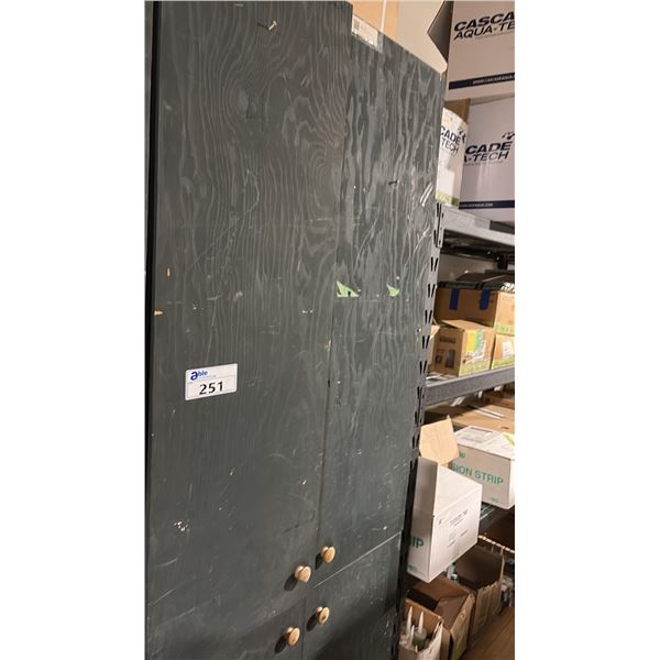 32" WIDE WOOD STORAGE CABINET WITH CONTENTS. INC SLIDING DOOR GLIDES, WINDOW HARDWARE, SLIDING