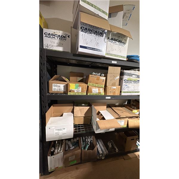 GROUP LOT OF 4 SHELVES OF VARIOUS SIZES OF 2 SIDED TAPE, SILICONE SEALANT, OVER 25 BOXES OF