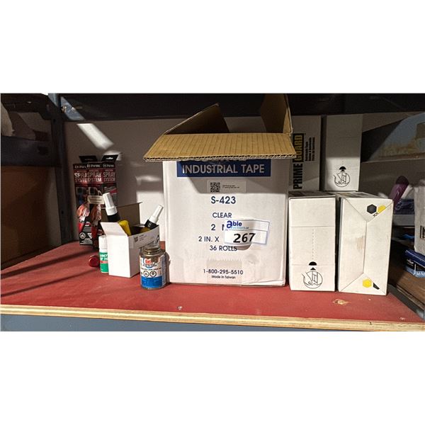 CONTENTS OF 3 SHELVES. CASE OF PACKING TAPE, 6 BOXES OF BARRICADE TAPE, LOCTITE, SPRAY ADHESIVE,