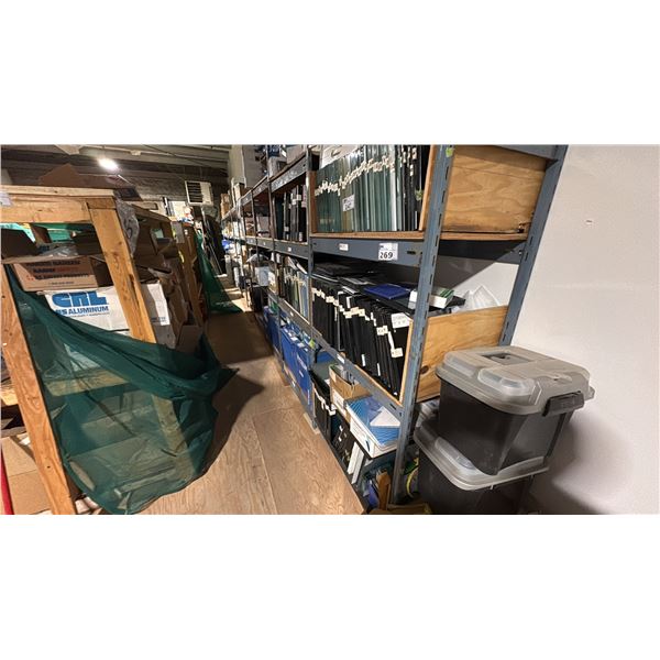 9 SECTIONS OF EZ RECT STYLE RACKING. VARIOUS SIZES. 3', 5' WITH PLYWOOD DECKING. 18" DEEP