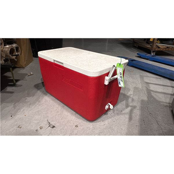 RED COLEMAN COOLER WITH BAG OF RED SOLO CUPS-FILL ME UP-PROCEED TO PARTY