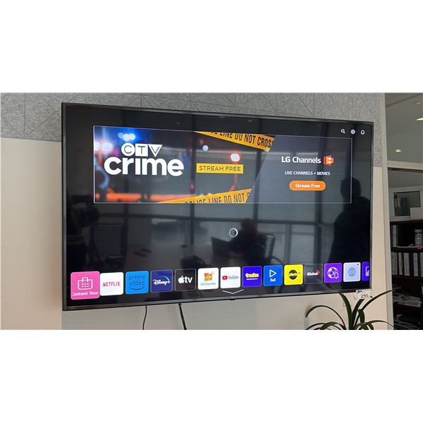 75" LG SMART TV MODEL 75UN7070PUC WITH WALL MOUNT. BUYER TO BRING TOOLS AND HELP FOR REMOVAL.