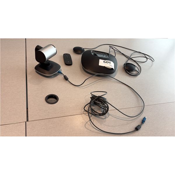 LOGITECH VIDEO CONF SET MODEL 886-000062 WITH 2 REMOTE SPEAKERS, REMOTE CONTROL, 10 ADP