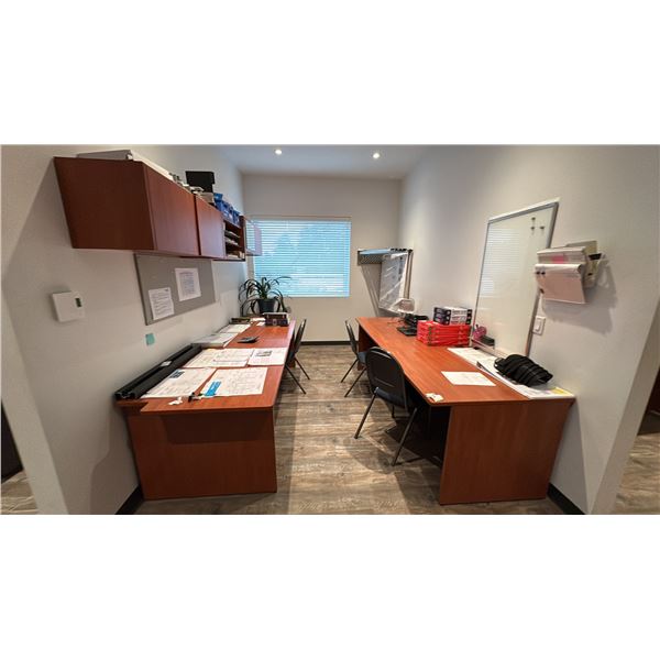 COMBINATION OF 4 X 48"X36" WORK TABLES WITH 9 1/2' OF OVERHEAD STORAGE, 2 DRAWER PEDESTALS