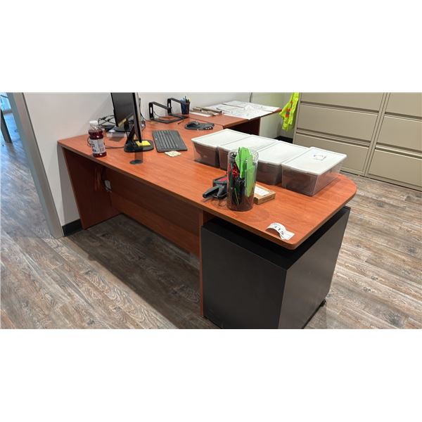 L SHAPED CORNER DESK WITH BLACK DRAWER PEDESTAL. 6'X6'6"