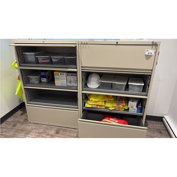 2 BEIGE 36" 4 DRAWER LATERAL FILE CABINETS WITH CONTENTS. 5 EARMUFFS, BIN OF FOAM EAR PLUGS,