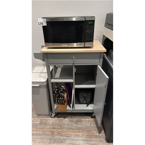 CUTE LITTLE KITCHEN CART ON WHEELS WITH DANBY MICROWAVE, KNIFE BLOCK WITH KNIVES, TOASTER