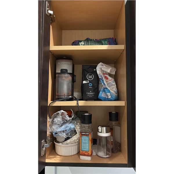 CONTENTS OF KITCHEN CABINETS. DISHES, CUTLERY, MUGS, COFFEE GRINDER, ETC