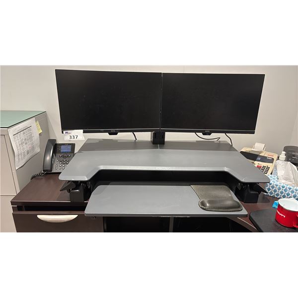2 BENQ 24" MONITORS WITH ADJUSTABLE SHARED ARM AND SIT STAND TABLE