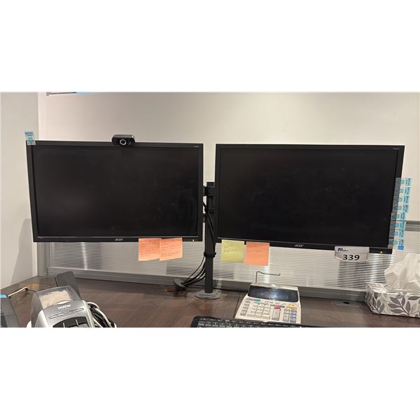 2 24" ACER MONITORS AND CAMERA ON A SHARED ARM (BUYER TO REMOVE ARM)
