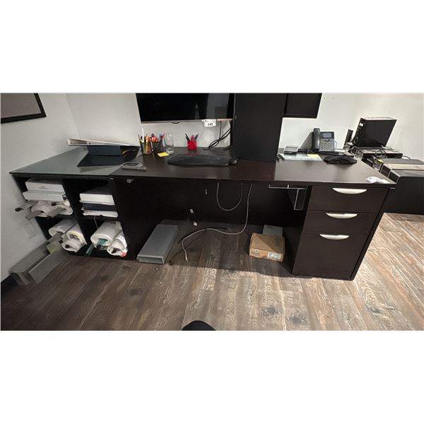 2 66"W DESKS, PLAN CABINET AND 8'W OVERHEAD CABINET WITH GLASS DOORS, TACK BOARD,