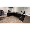 Image 1 : 2 LARGE L SHAPED DESKS. 9'X6', 8'X9 1/2', BOOKCASE, 2 DRAWER PEDESTALS, NO CONTENTS