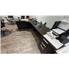 Image 2 : 2 LARGE L SHAPED DESKS. 9'X6', 8'X9 1/2', BOOKCASE, 2 DRAWER PEDESTALS, NO CONTENTS