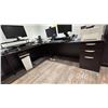 Image 4 : 2 LARGE L SHAPED DESKS. 9'X6', 8'X9 1/2', BOOKCASE, 2 DRAWER PEDESTALS, NO CONTENTS