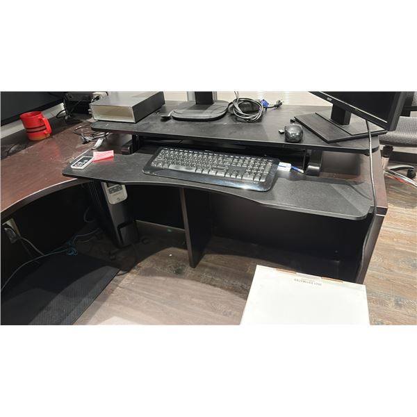 2 66"X66" CORNER DESKS WITH OVERHEAD HUTCHES, 2 DRAWER PEDESTALS, SMALL BOOKCASE, STATIONARY TABLE,