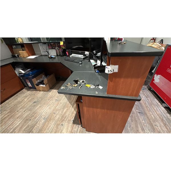 MODULAR RECEPTION DESK. 66"X10' OVERALL, DRAWER PEDESTAL, 2 DRAWER LATERAL FILE, 6' OVERHEAD