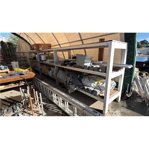 24' LONG X 36" CUSTOM ALUMINUM SHELVES WITH CONTENTS.