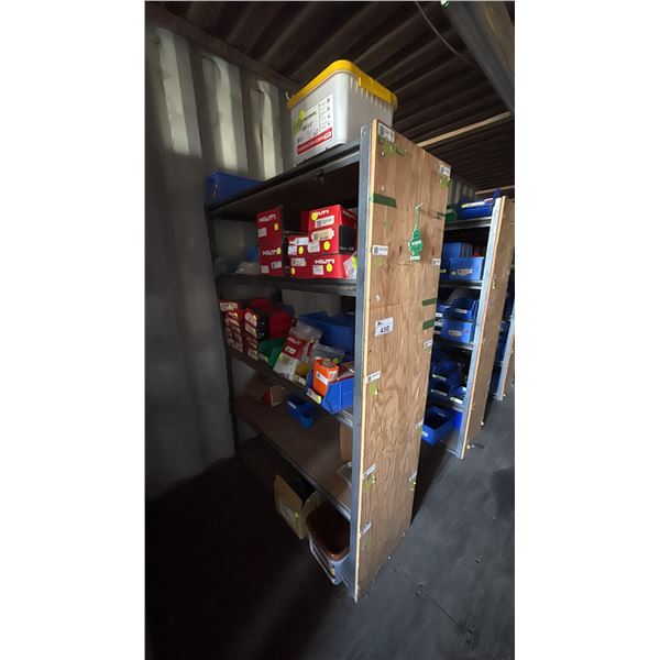 48" SHELF WITH CONTENTS. LARGE ASSORTMENT OF RIVETS, FASTENERS AND HILTI ANCHORS
