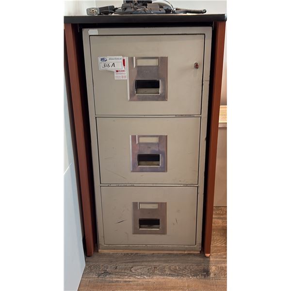FILE PROOF FILE CABINET. THREE DRAWER LEGAL, BEIGE