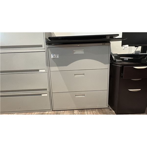 THREE DRAWER LATERAL FILE CABINET, GREY