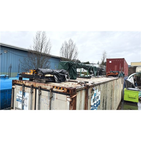 GROUP OF ITEMS ON TOP OF CONTAINER. RACKING COMPONENTS, CONVEYOR STAND.