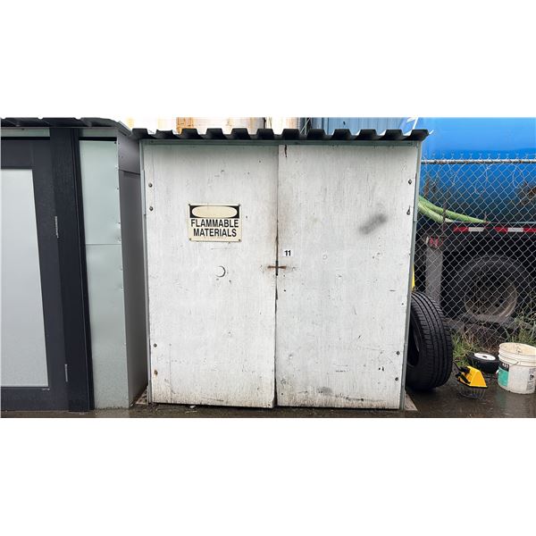 6' METAL SHED WITH CONTENTS, PROPANE TANKS, FORKLIFT TANKS, DIESEL CANS, SPRAY CANS