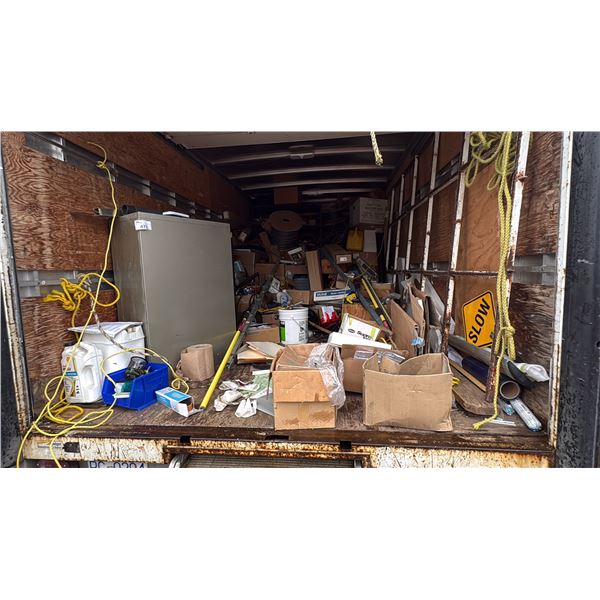CONTENTS OF CUBE VAN. PILES OF HARDWARE AND COMPONENTS. CHROME DOOR HANDLES, KROME DOOR HANDLES,