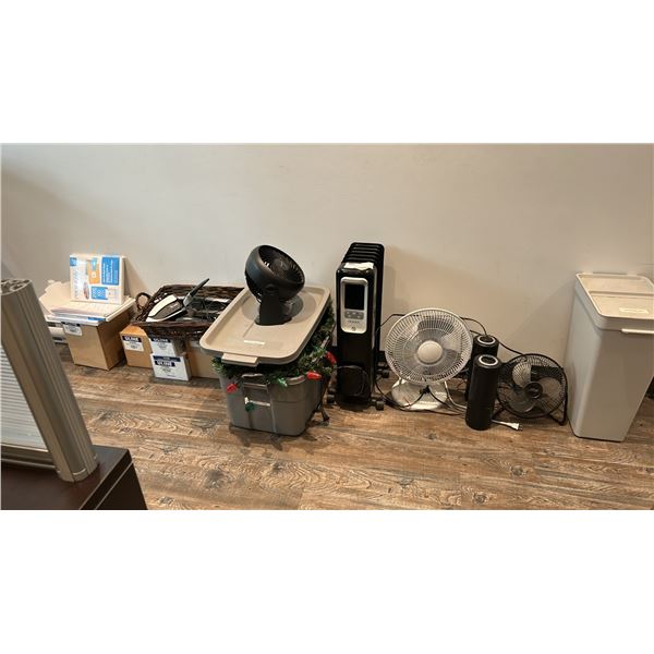GROUP LOT FANS, GARBAGE CAN, HEATER, OFFICE STUFF, CHRISTMAS DECORATIONS ETC