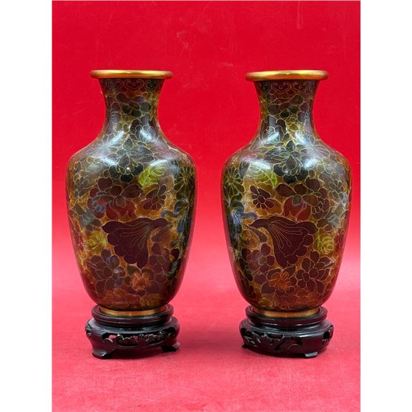 Pair of Chinese Cloisonne Vases w/ Wooden Bases