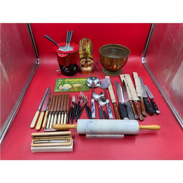 Kitchen Lot w/ Marble Rolling Pin, Fondue Pot, Cutlery, & More