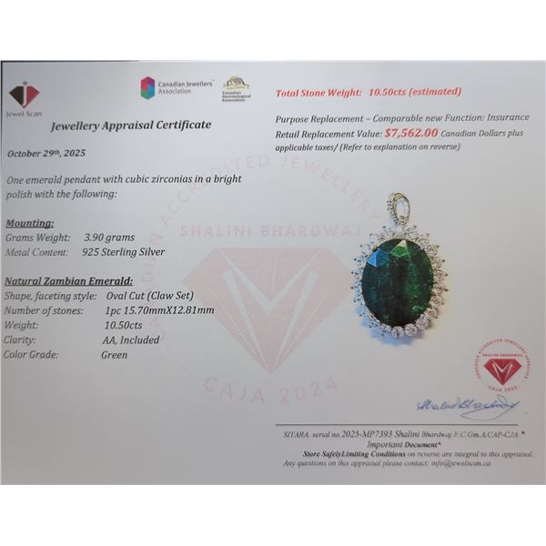 $7,562 Appraisal - 3.9 ct Cert. Silver Emerald Gemstone Pendant