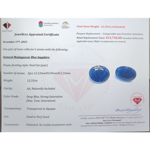 $14,796 Appraisal - 12.33 ct Cert. Blue Sapphire Gemstone Pair