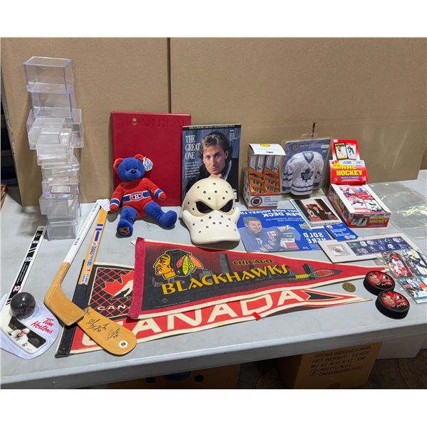 Sports Collectible Lot w/ Mini Hockey Sticks, Pennants, Cards, & More