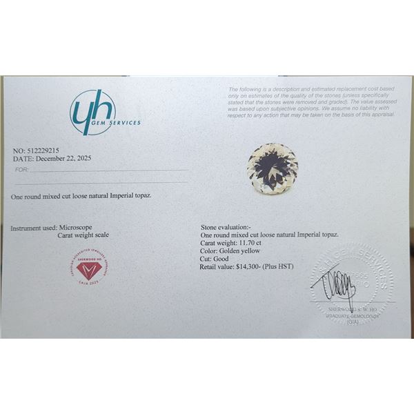 $14,300 Appraisal - 11.7 ct Cert. Imperial Topaz Gemstone
