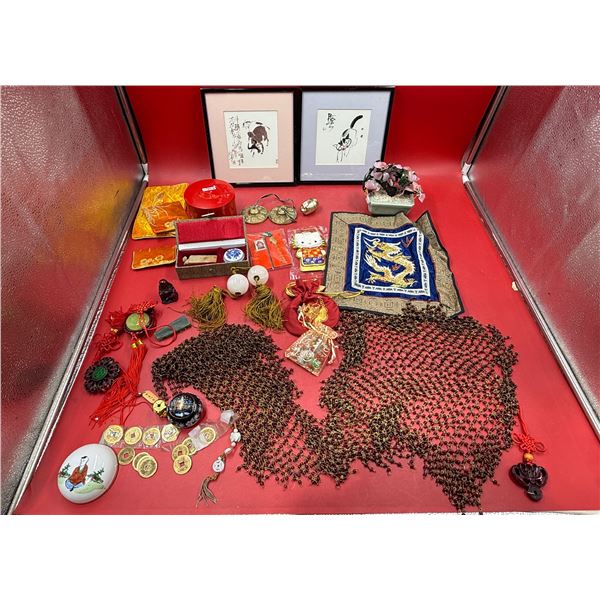 Asian Collectible Lot w/ Watercolor Prints, Glass Bonsai Tree, & More