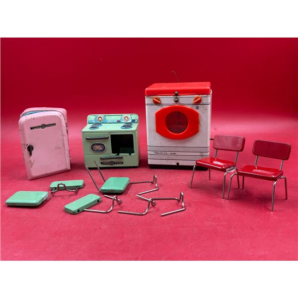 Lot of VTG Dollhouse Accessories w/ Stove, Fridge, Chairs, & More