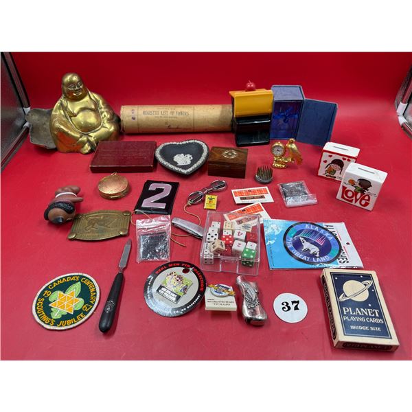 VTG Smalls Lot w/ Buddha Figurine, 1960s Scouting Patch, Dice, & More