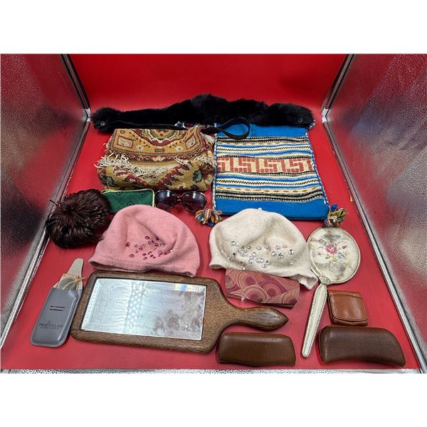Accessory Lot w/ 2 VTG Berets, Carpet Shoulder Bag, & More