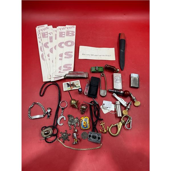 VTG Smalls Lot w/ Keychains, Pendants, Bolo Tie, Harmonica, & More