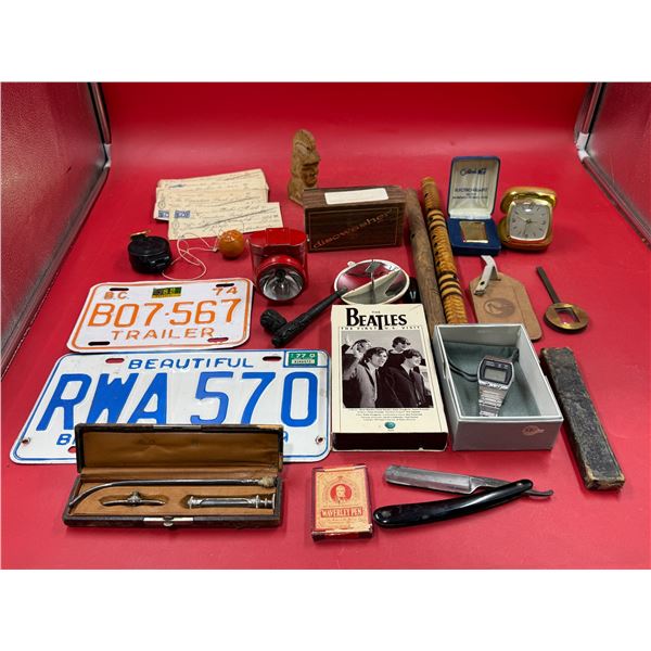 VTG Collectibles Lot w/ Straight Razor, Travel Clock, License Plates, & More