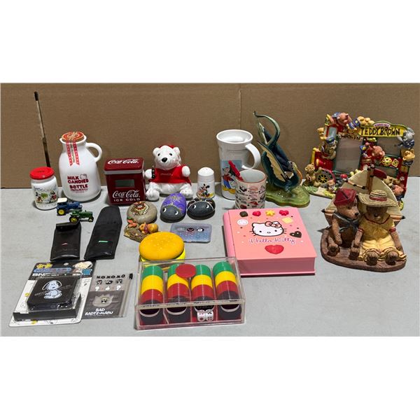 Collectibles Lot w/ Teddy Bear Picture Frame, Hello Kitty Jug, Poker Chips, & More