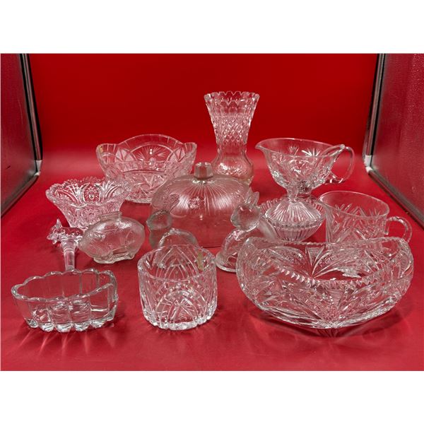 Lot of Assorted Crystal Glass w/ Vase, Lidded Dish, Bowls, & More
